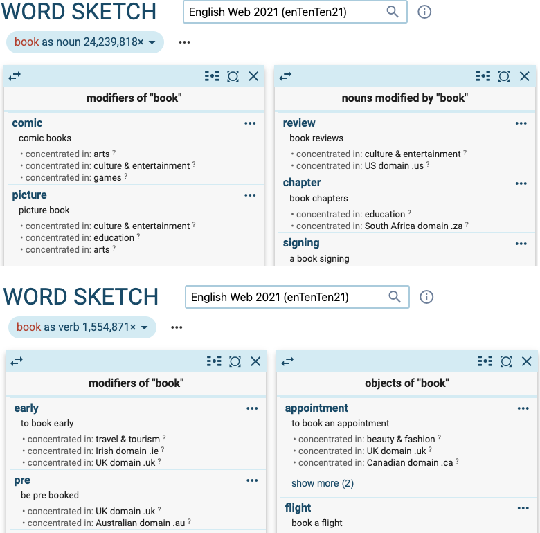 Two Sketch Engine word sketches in the English Web 2021 corpus. Book as noun, 24,239,818 occurrences: modifiers such as comic and picture, and nouns modified by book such as review, chapter and signing. Book as verb, 1,554,871 occurrences: modifiers such as early and pre, and objects such as appointment and flight.