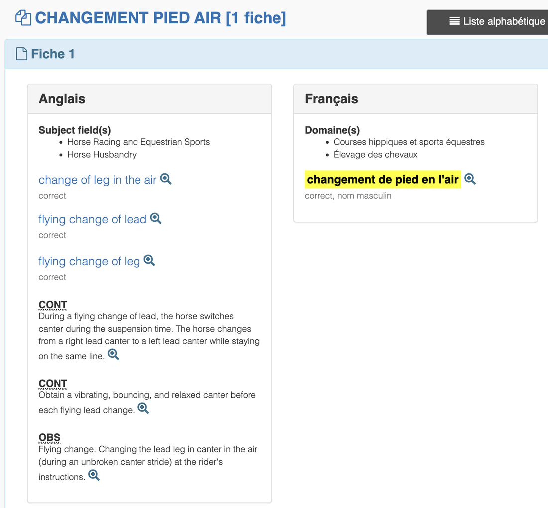 A TERMIUM Plus record with an English and a French column. Subject fields: Horse Racing and Equestrian Sports, Horse Husbandry. English terms: change of leg in the air, flying change of lead, flying change of leg, each marked correct, with two contexts and an observation that begins 'Flying change. Changing the lead leg in canter in the air'. French: changement de pied en l'air, correct, nom masculin.