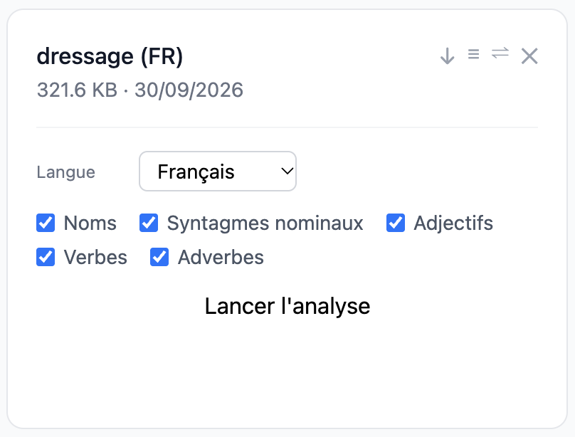 A panel for one uploaded corpus in TermoStat, named dressage (FR): a language menu set to Français, five checkboxes labelled Noms, Syntagmes nominaux, Adjectifs, Verbes and Adverbes, all ticked, and a button Lancer l'analyse.