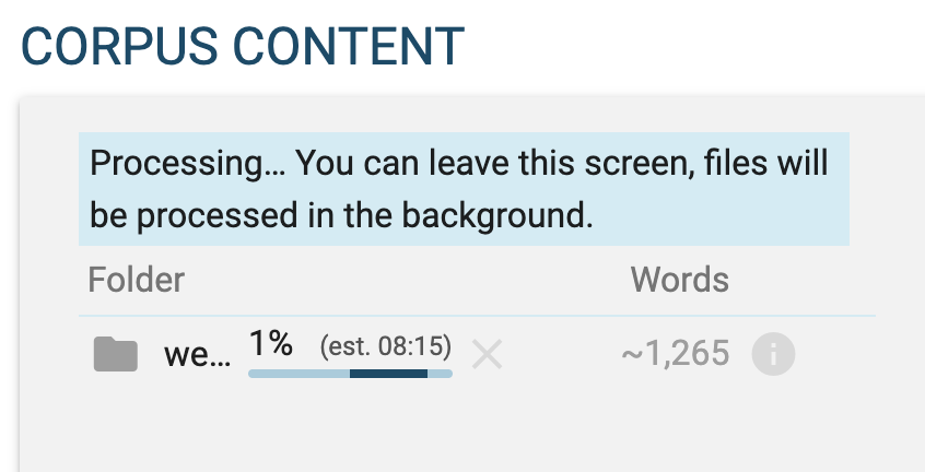 The processing screen while the collected texts are downloaded and annotated.
