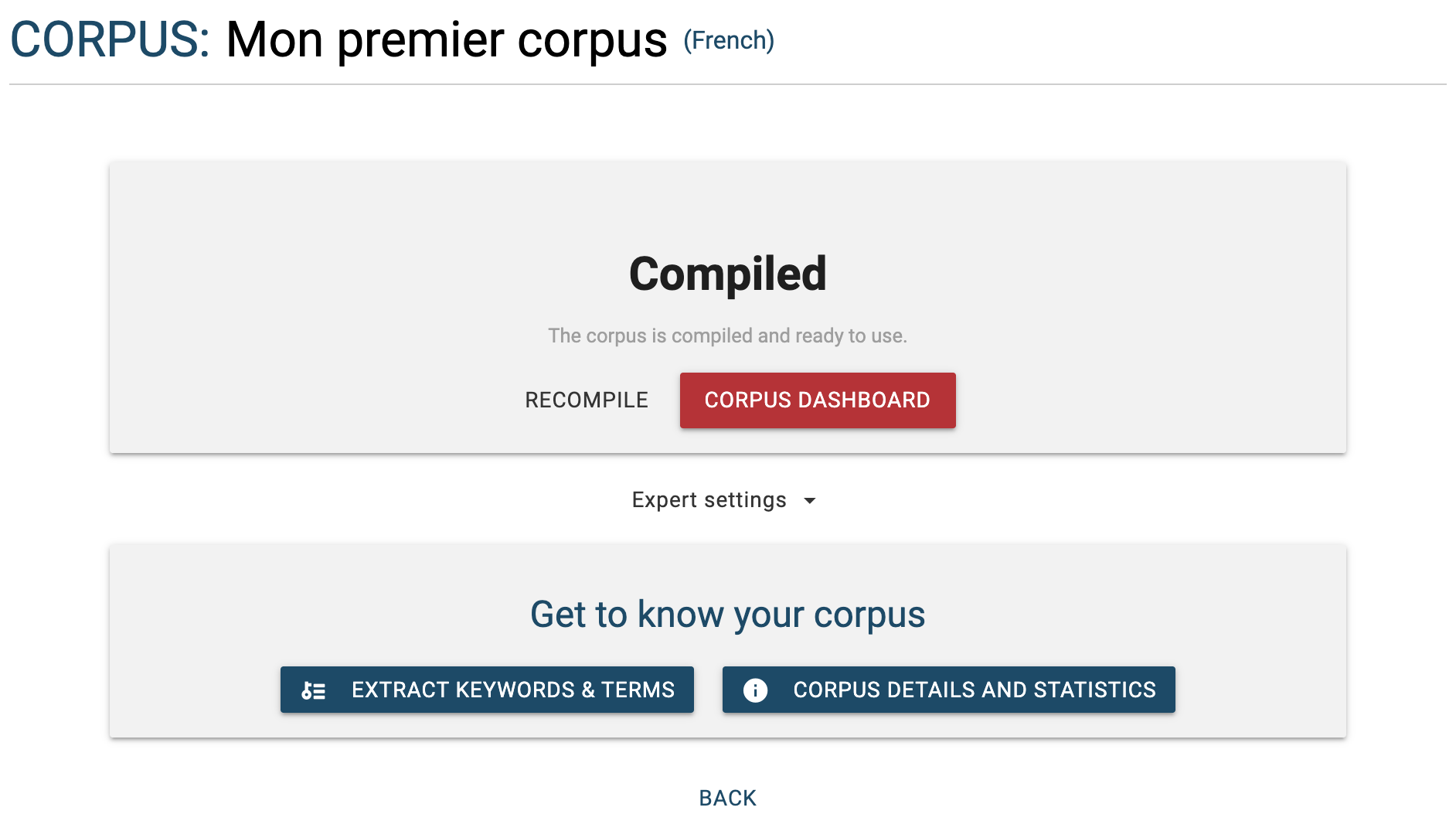 The screen announcing that the corpus is built and ready to be queried.