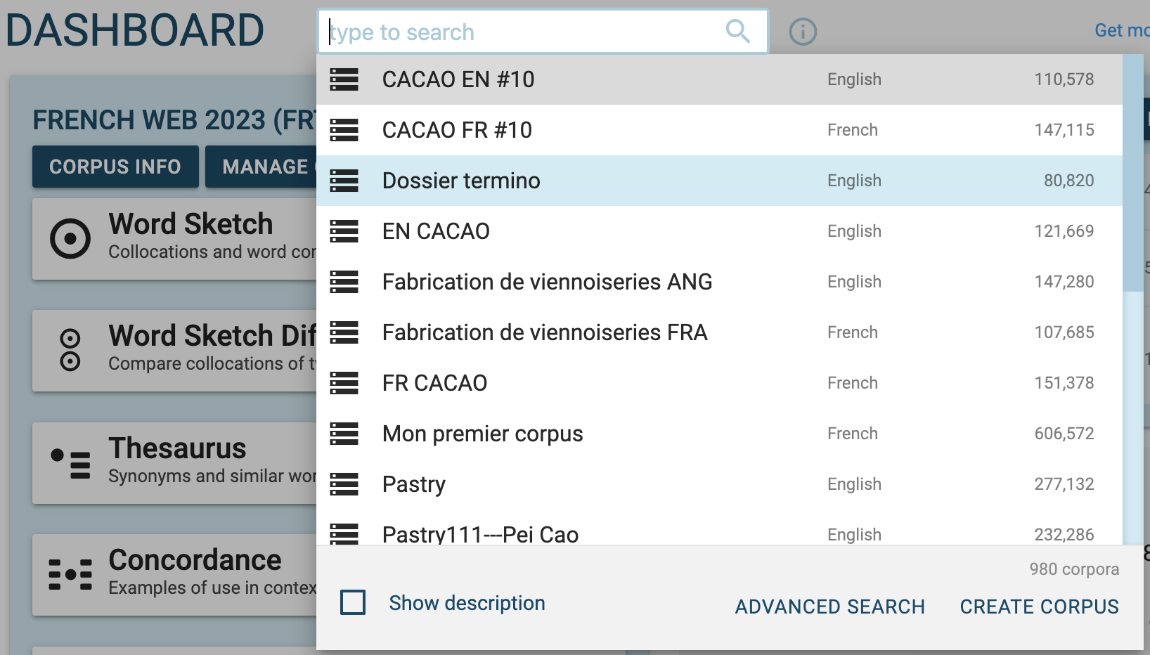 The corpus search, with the ADVANCED SEARCH link below the suggestions.