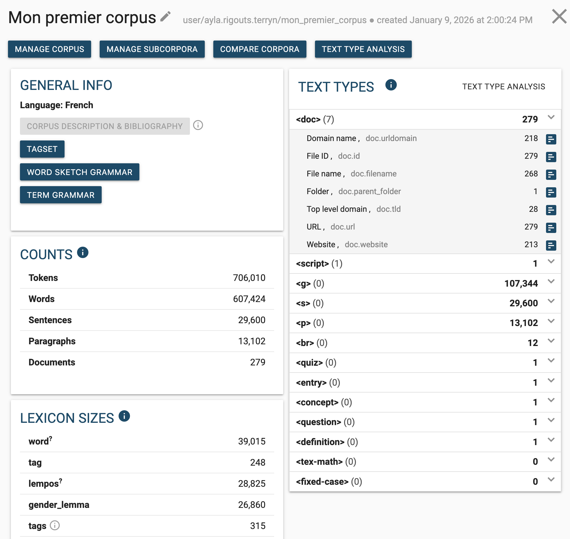 The statistics table of a corpus in Sketch Engine: number of tokens, number of words, number of sentences and documents.