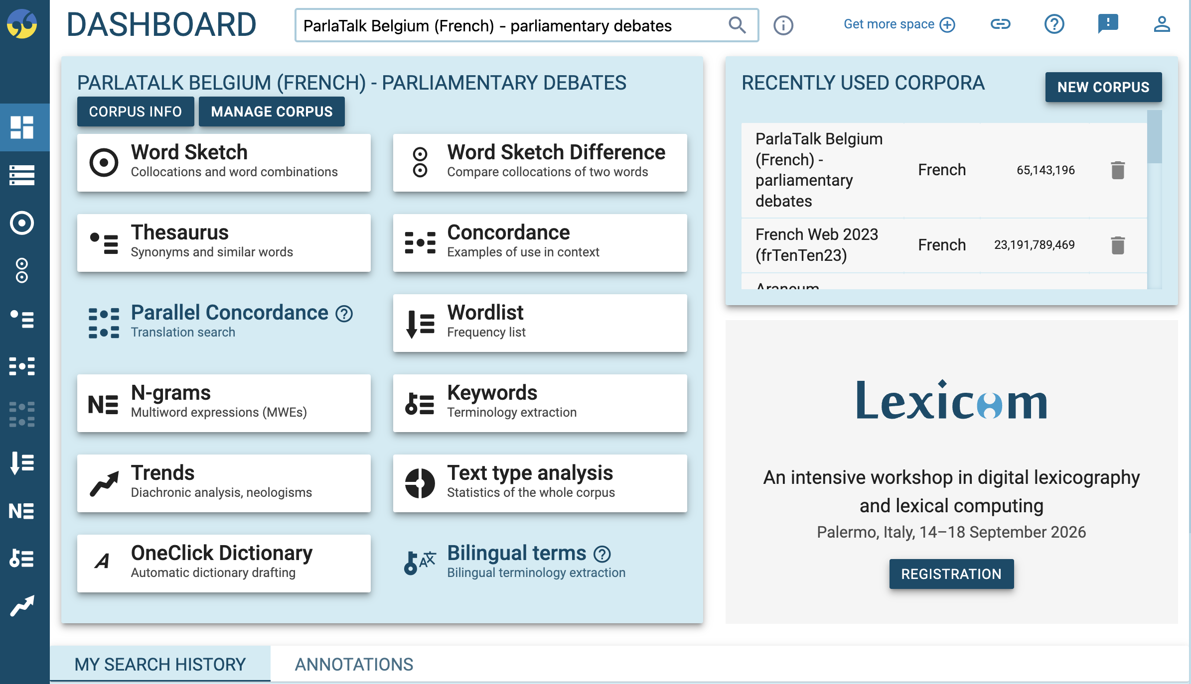 The home page after login: a corpus search box and the list of recently used corpora.