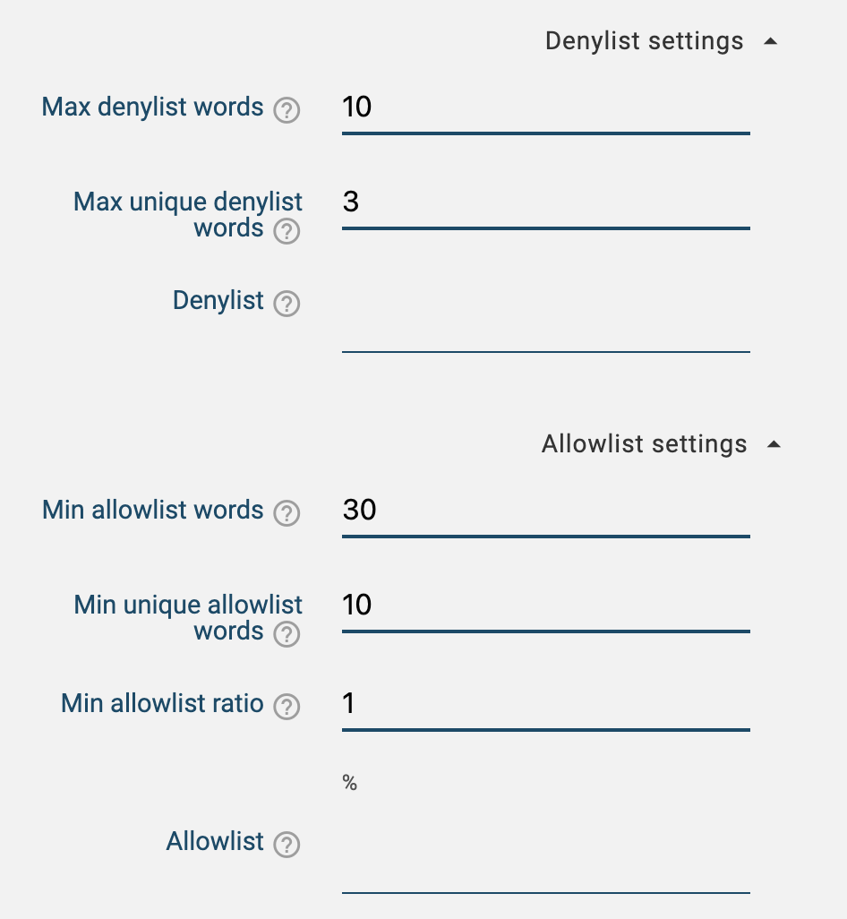 The input fields for the list of required words and the list of words to avoid.