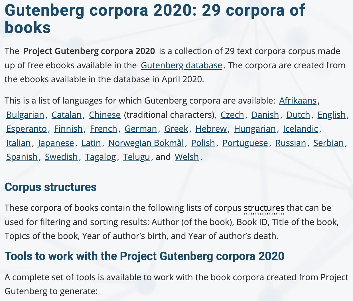The record of the Gutenberg French 2020 corpus on the Sketch Engine site: composition, size and sources.