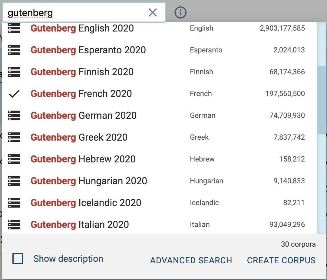 The Sketch Engine corpus list, with Gutenberg French 2020 selected.
