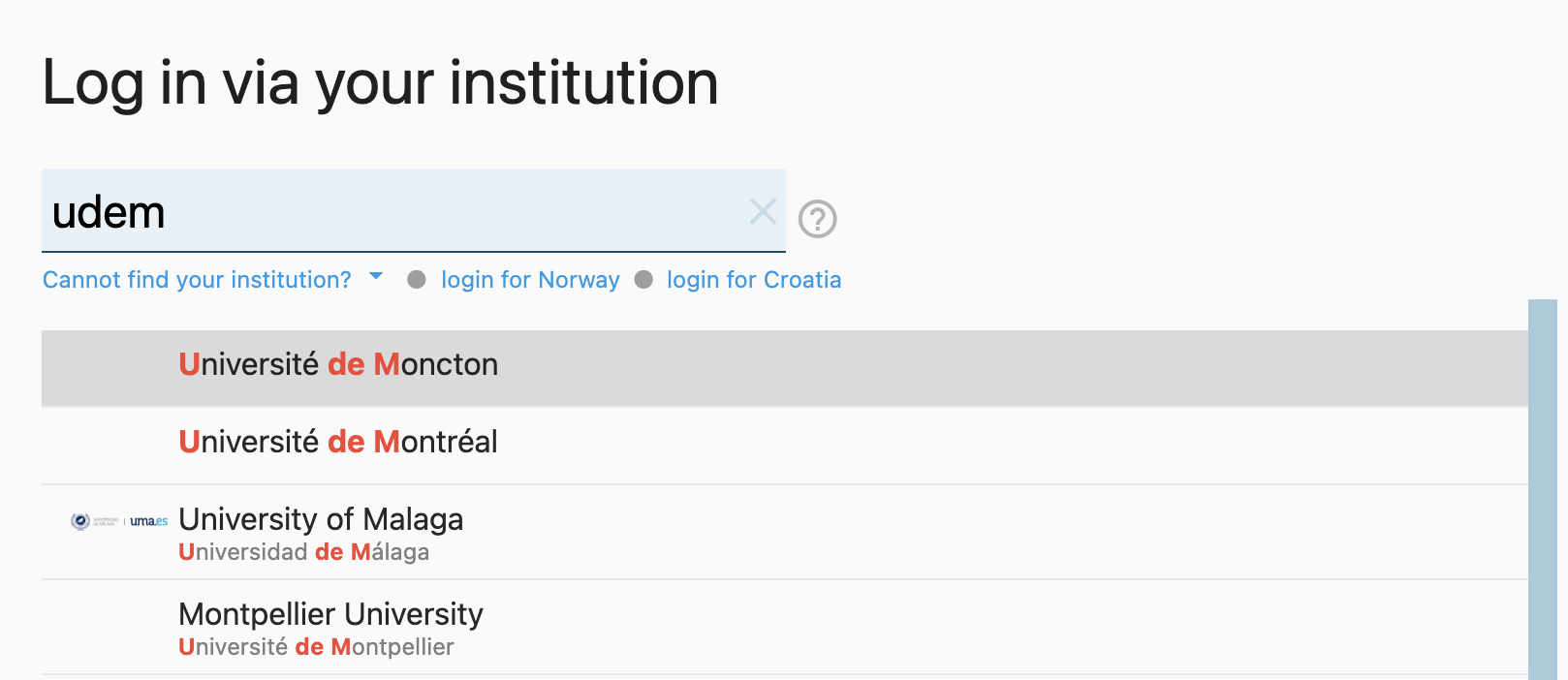 The dropdown list of partner institutions, which includes the Université de Montréal.