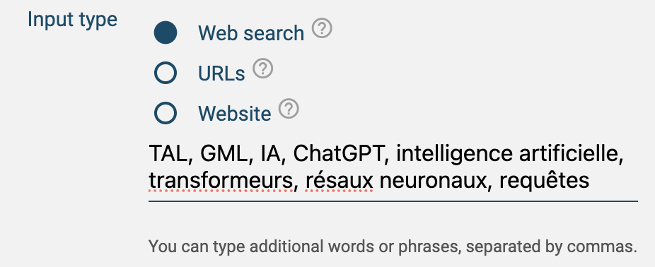 The input field for the keywords that will guide the search for texts.