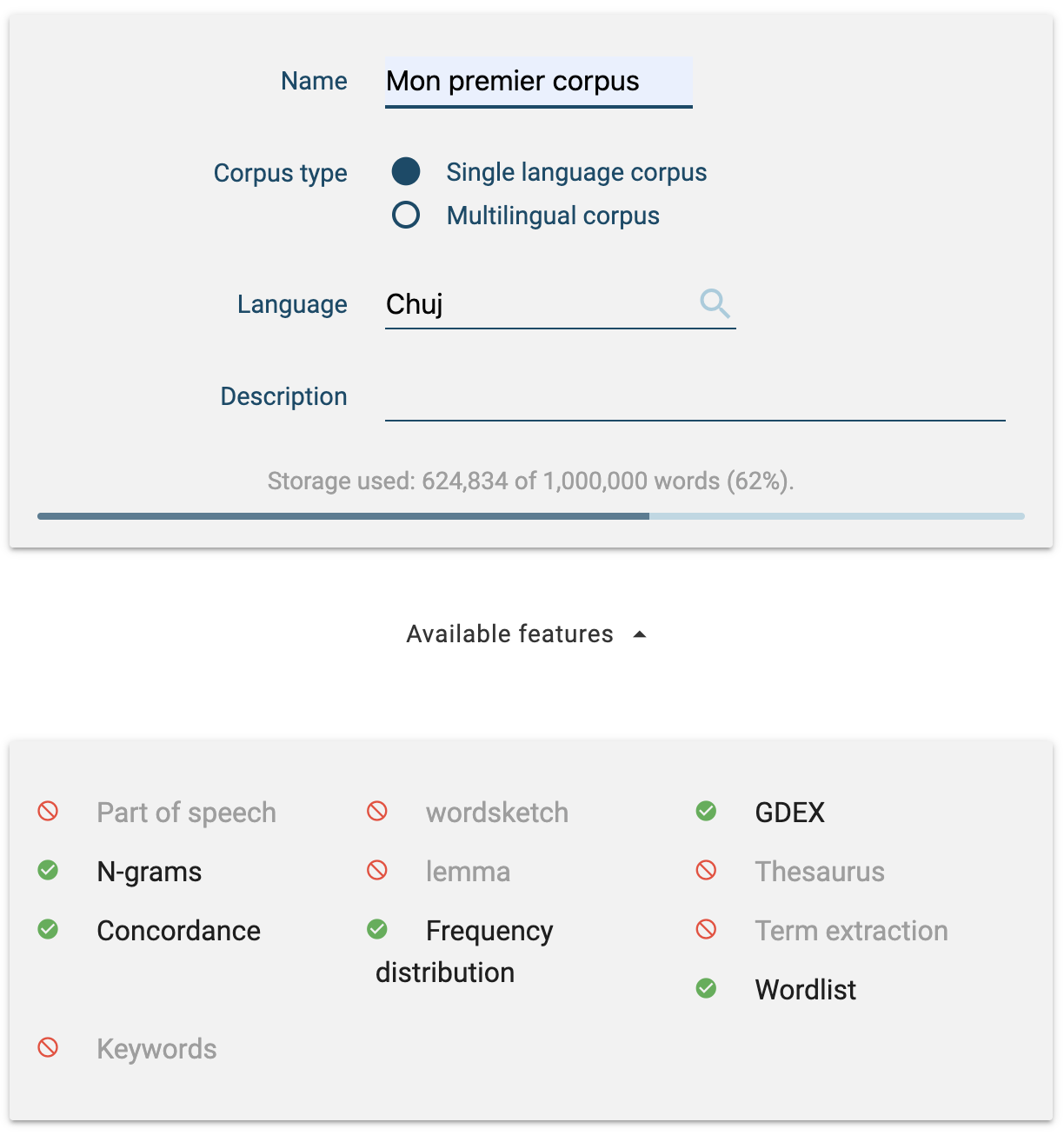 The list of features available for the chosen language.
