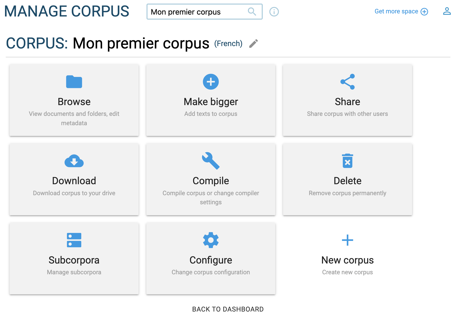 The corpus management menu, with the download, extend, share and delete options.