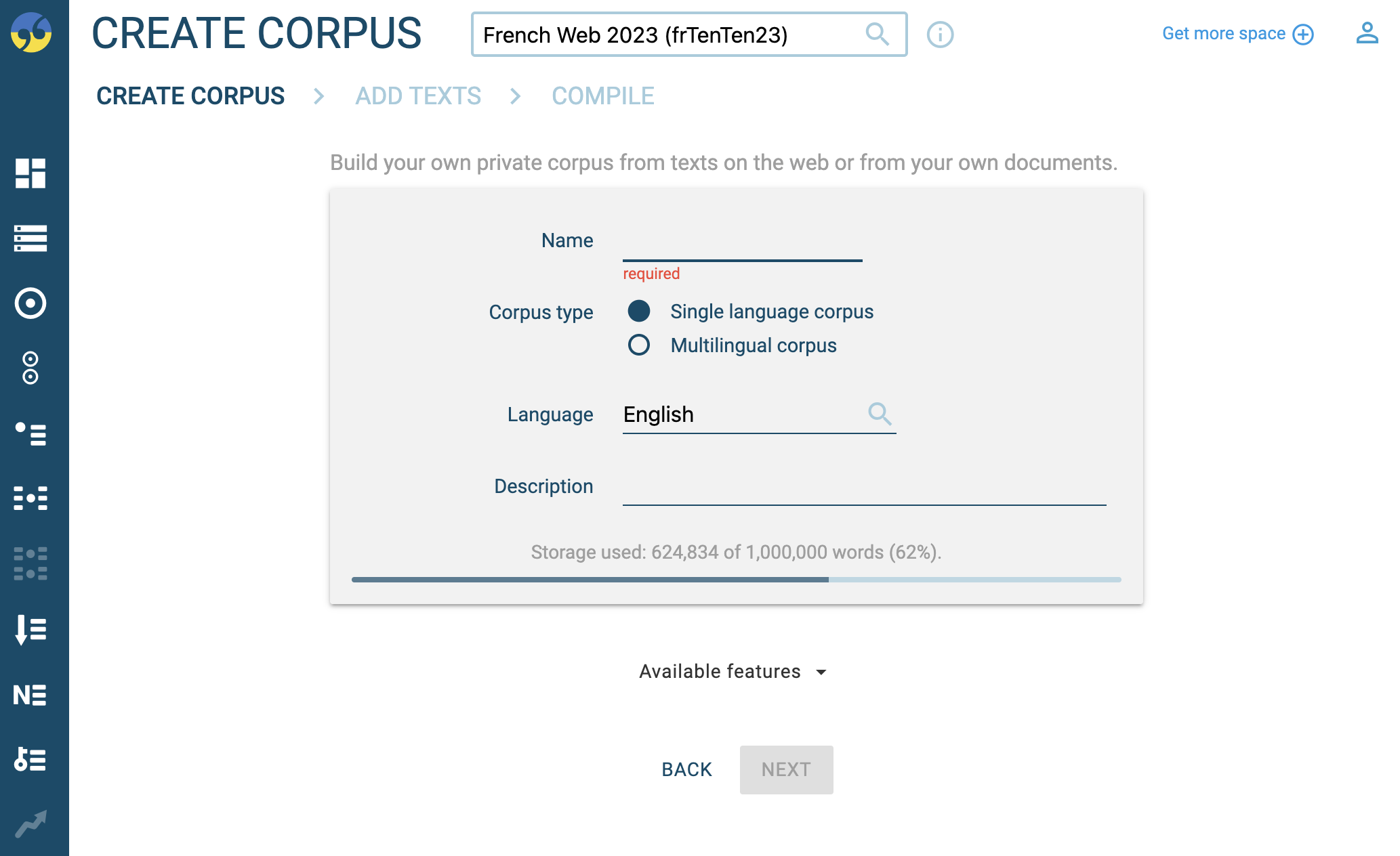 The NEW CORPUS button in the top right corner of the corpus list.