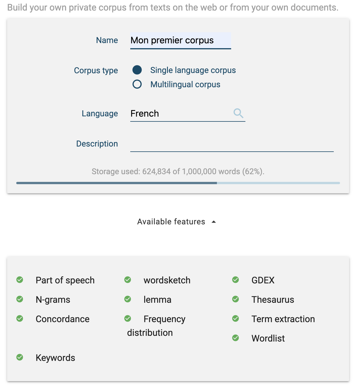 The corpus creation form: name field, language choice, optional description.