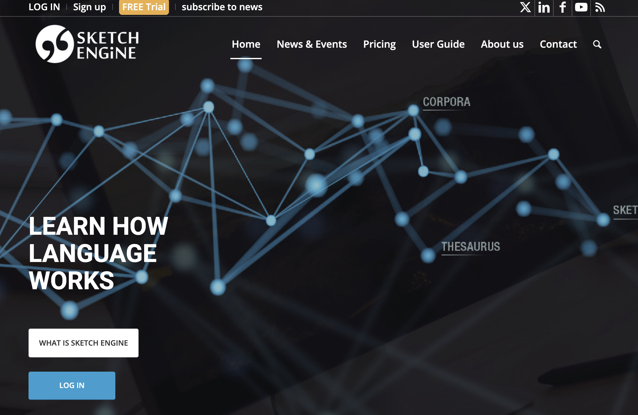 The sketchengine.eu home page, with a Log In button in the top right corner.
