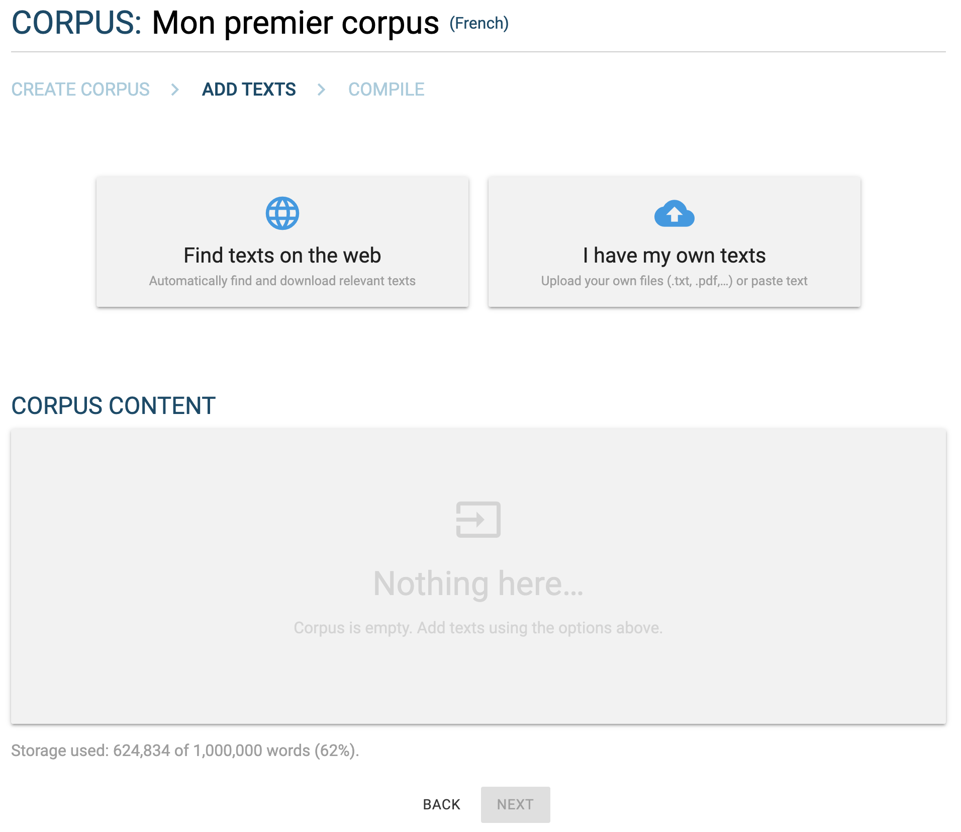 The choice between uploading your own files and searching for texts on the web.