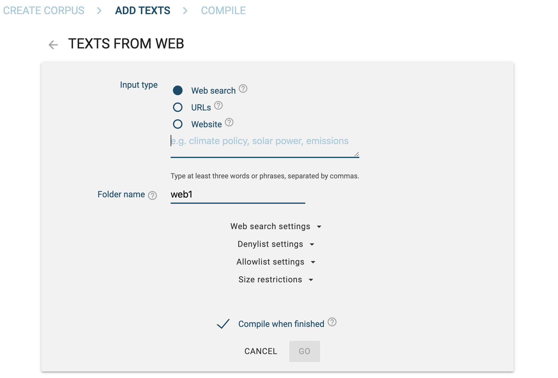 The three web collection modes: keyword search, list of addresses, whole site.