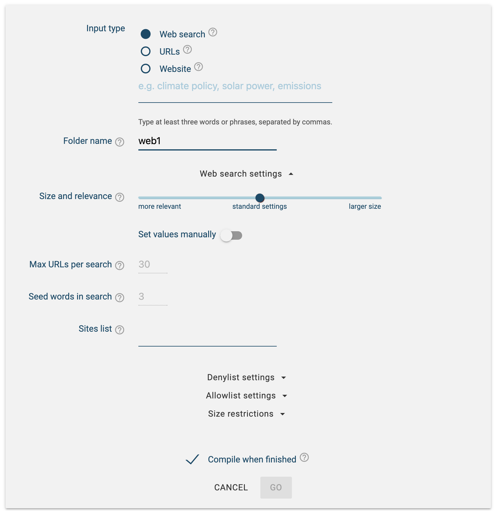 The web search settings panel in Sketch Engine.