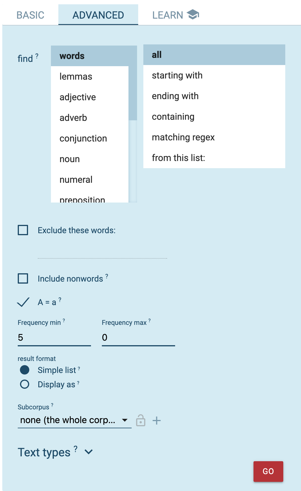The advanced mode of Wordlist, with its filter fields for pattern, frequency and subcorpus.