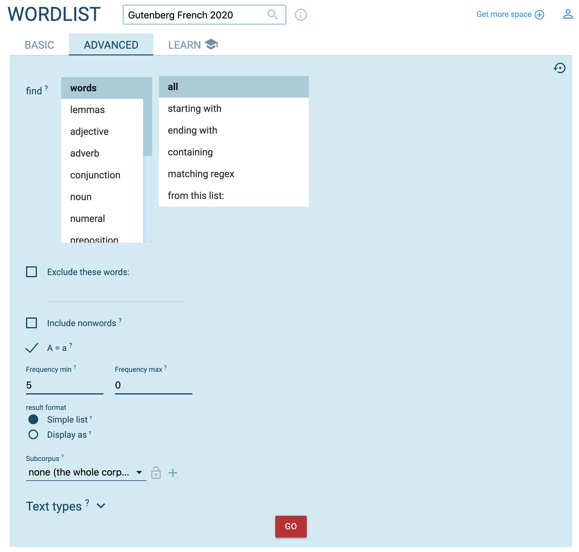 The Wordlist form: choice of the attribute to count and of the part of speech.