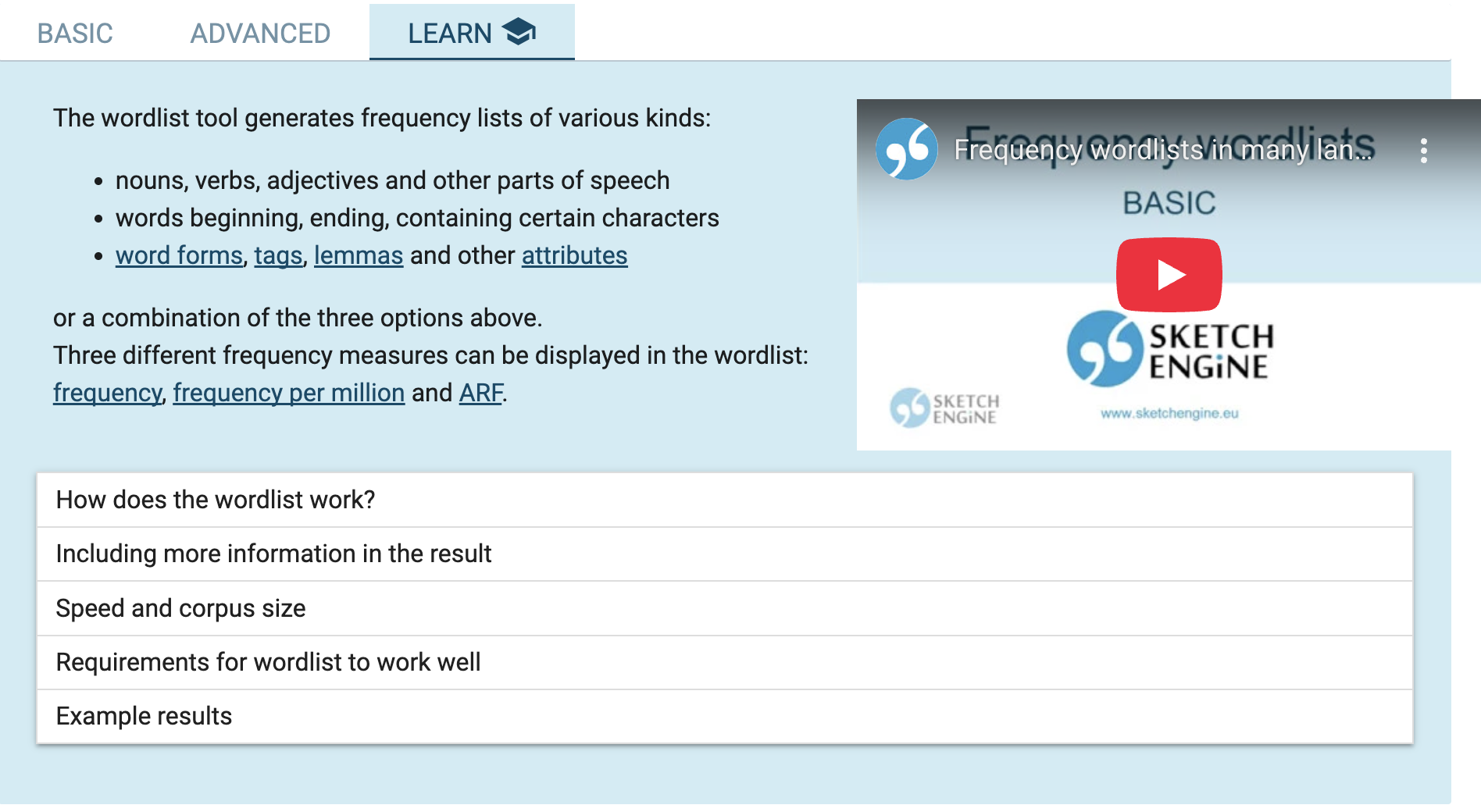 The LEARN tab of Wordlist, showing the built-in documentation of the function.