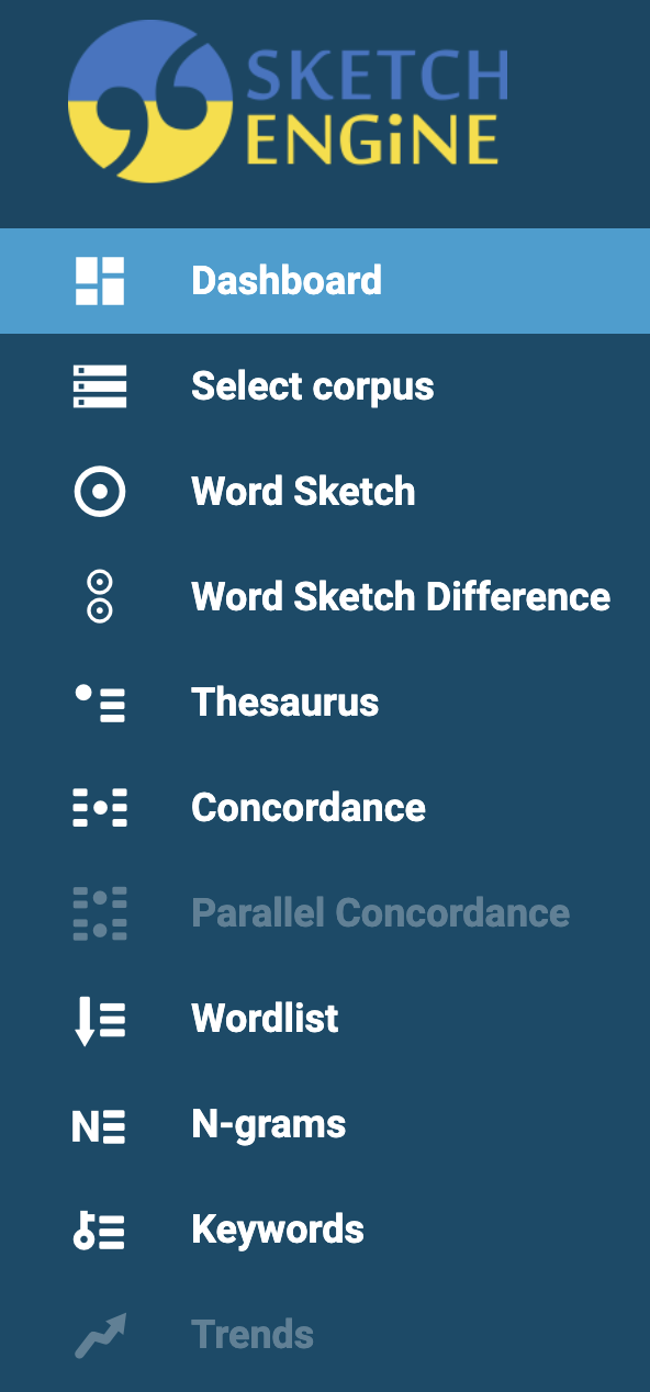 The Sketch Engine side menu, with the Wordlist entry.