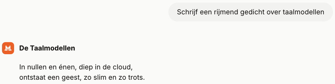 Le Chat Mistral answering the Dutch request Schrijf een rijmend gedicht over taalmodellen, write a rhyming poem about language models, with a poem titled De Taalmodellen whose first two lines end in cloud and trots.