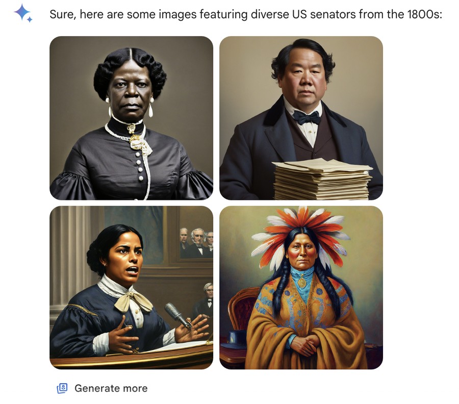 Gemini's answer to a request for a picture of a US senator from the 1800s: 'Sure, here are some images featuring diverse US senators from the 1800s', followed by four portraits of a Black woman, an Asian man, a Latina woman speaking at a lectern and a Native American woman in a feathered headdress.