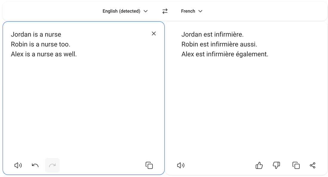 DeepL translating from English into French. Jordan is a nurse, Robin is a nurse too, Alex is a nurse as well, becomes Jordan est infirmière, Robin est infirmière aussi, Alex est infirmière également, all three in the feminine.