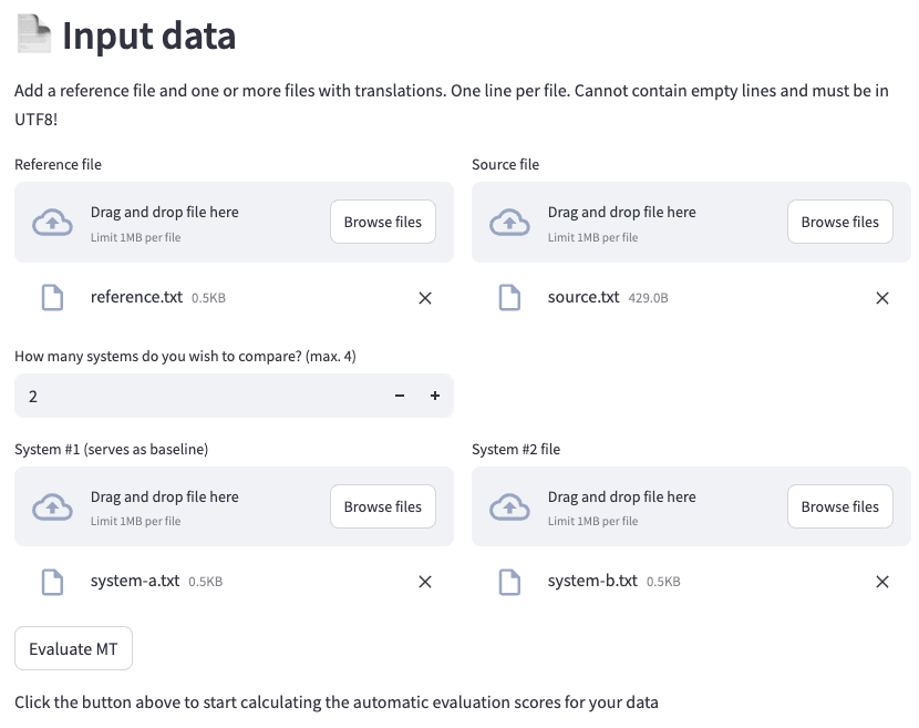 MATEO's Input data section: reference.txt in the Reference file box, source.txt in the Source file box, the number of systems set to 2, system-a.txt in the box labelled System #1 (serves as baseline) and system-b.txt in System #2, and the Evaluate MT button under them.
