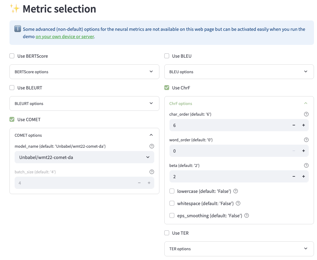 MATEO's Metric selection section: BERTScore, BLEURT, BLEU and TER unticked, chrF and COMET ticked. The COMET options panel shows the model Unbabel/wmt22-comet-da and a batch size of 4; the chrF options panel shows a character order of 6, a word order of 0, a beta of 2 and three unticked boxes, lowercase, whitespace and eps_smoothing.