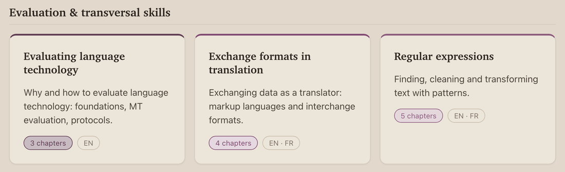 The Browse page: the heading 'Evaluation & transversal skills' with three module cards under it, each carrying a blurb, its number of chapters and its languages.