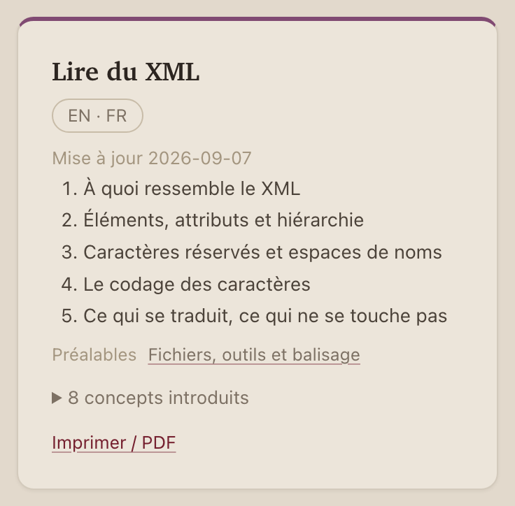 La carte du chapitre Lire du XML sur la page de son module : ses cinq pages en liste numérotée, ses préalables, le nombre de concepts qu'il introduit et un lien d'impression.