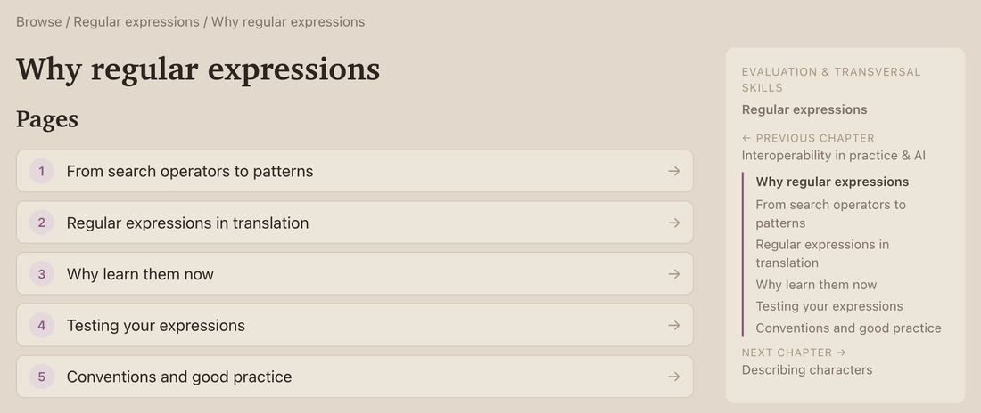 The landing page of the chapter Why regular expressions: its five pages as numbered rows, with the margin column naming the part, the module and the neighbouring chapters.