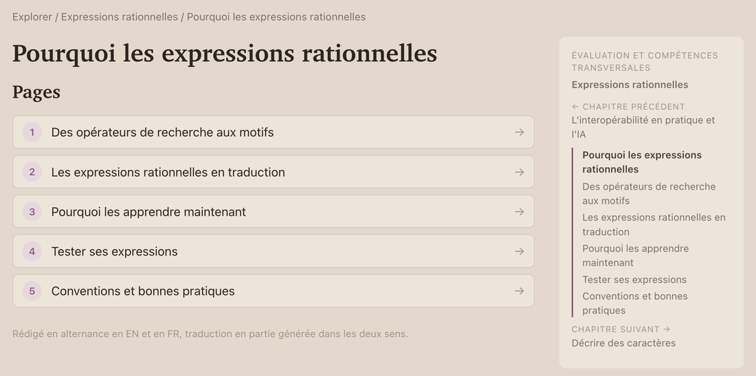 La page du chapitre Pourquoi les expressions rationnelles : ses cinq pages en rangées numérotées, et la colonne de marge qui nomme la partie, le module et les chapitres voisins.