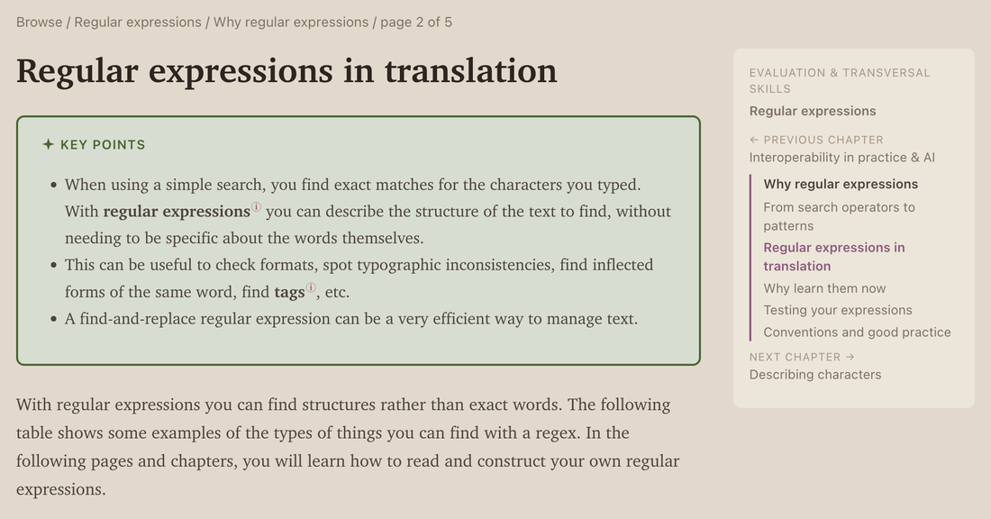 The top of a content page: breadcrumb, title, the green Key points box with two marked terms in it, the first paragraph, and the margin navigator listing the pages of the chapter.