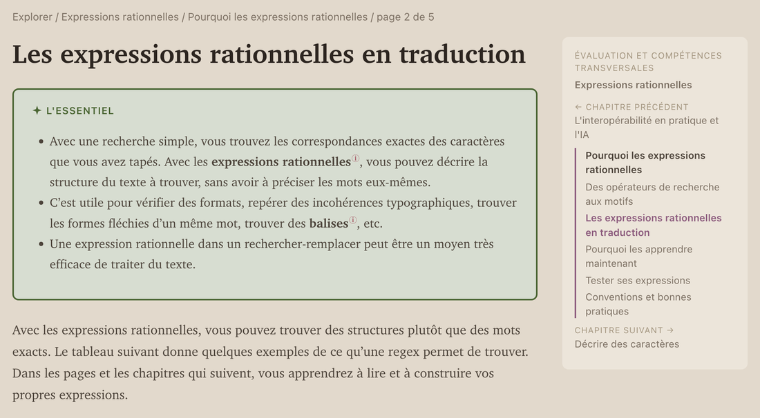 Le haut d'une page de contenu : fil d'Ariane, titre, l'encadré vert L'essentiel avec deux termes marqués, le premier paragraphe, et le repère en marge qui liste les pages du chapitre.
