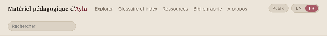 L'en-tête du site : le nom du site, les liens Explorer, Glossaire et index, Ressources, Bibliographie et À propos, le champ de recherche, et la pastille du profil à côté du sélecteur EN/FR.