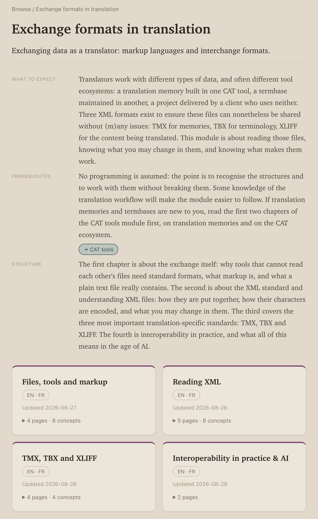 The page of the exchange formats module: title, blurb, the What to expect, Prerequisites and Structure sections, then a card for each of its four chapters.