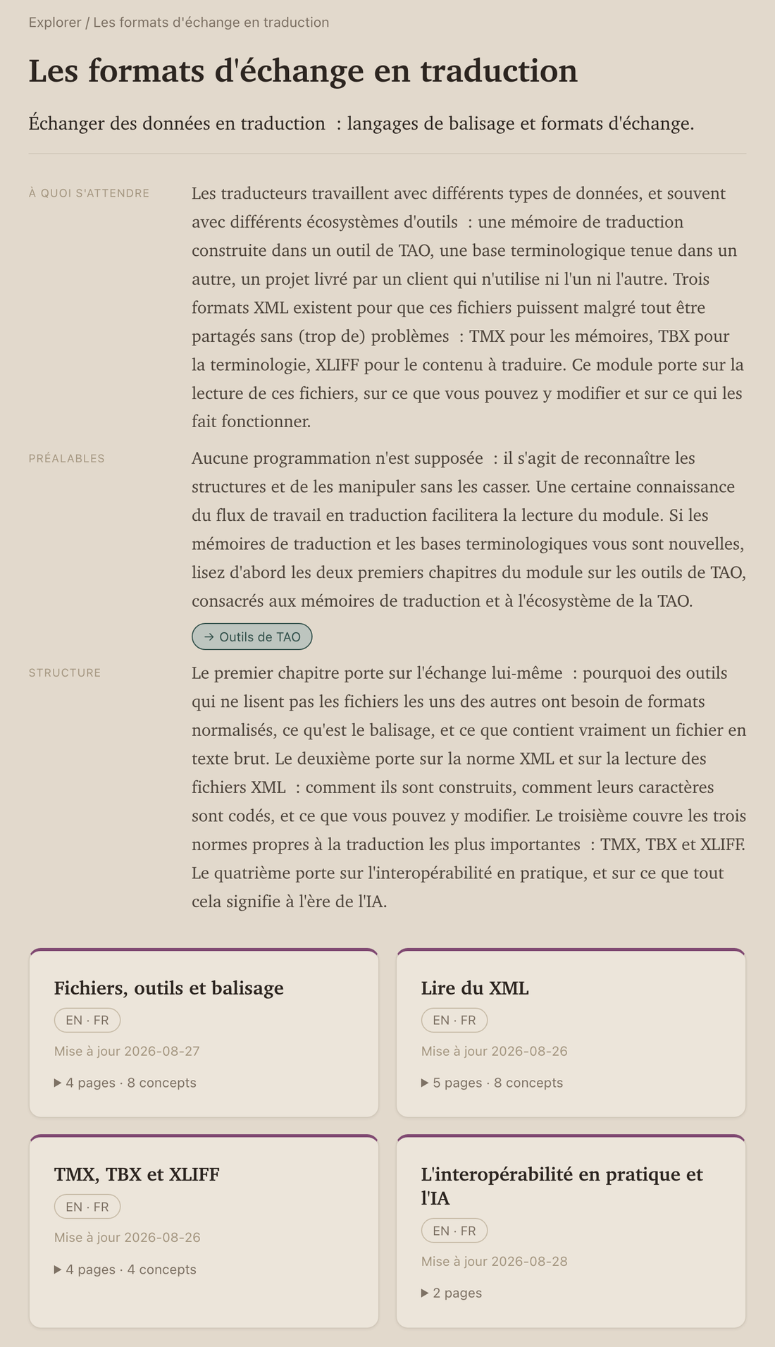 La page du module des formats d'échange : titre, phrase de présentation, les sections À quoi s'attendre, Préalables et Structure, puis une carte par chapitre.