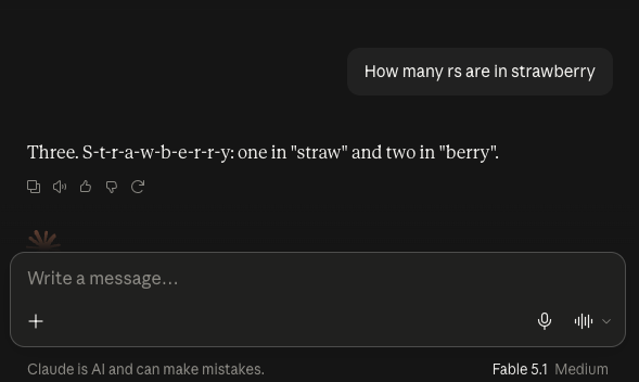 Claude, model Fable 5.1, asked the same question. It answers: Three. S-t-r-a-w-b-e-r-r-y: one in straw and two in berry.