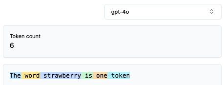 Tiktokenizer with GPT-4o selected. The sentence 'The word strawberry is one token' is shown with each token on its own coloured background; the count reads 6, and strawberry is a single token.
