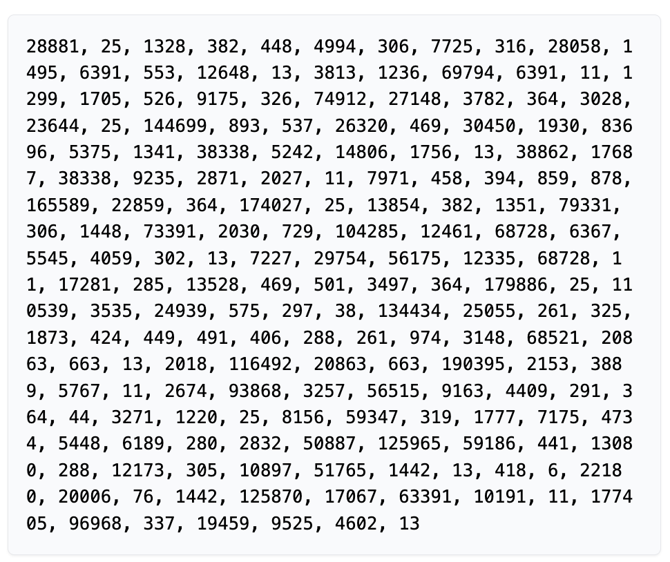 A block of comma-separated numbers filling the panel: 28881, 25, 1328, 382, 448, 4994, and so on for 180 values.