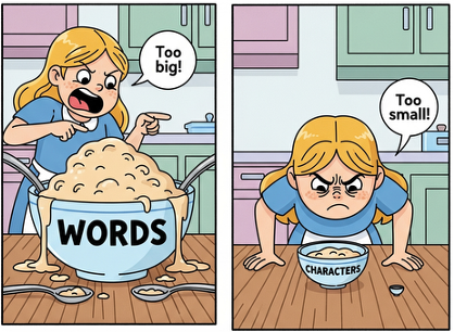 A cartoon in two panels. In the first, a bowl labelled WORDS overflows with cereal and the girl beside it says Too big. In the second, a bowl labelled CHARACTERS contains a single flake, and she says Too small.