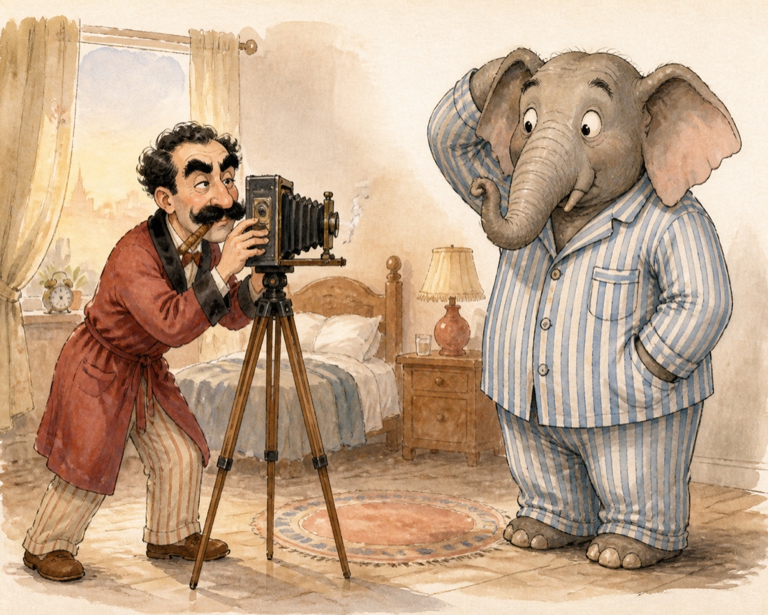 A watercolour bedroom. On the left a moustached man with heavy eyebrows and a cigar, in a dressing gown over striped pyjama trousers, bends over a plate camera on a tripod. On the right an elephant stands upright in blue and white striped pyjamas, one ear raised, looking back at him. Both of them are in pyjamas.