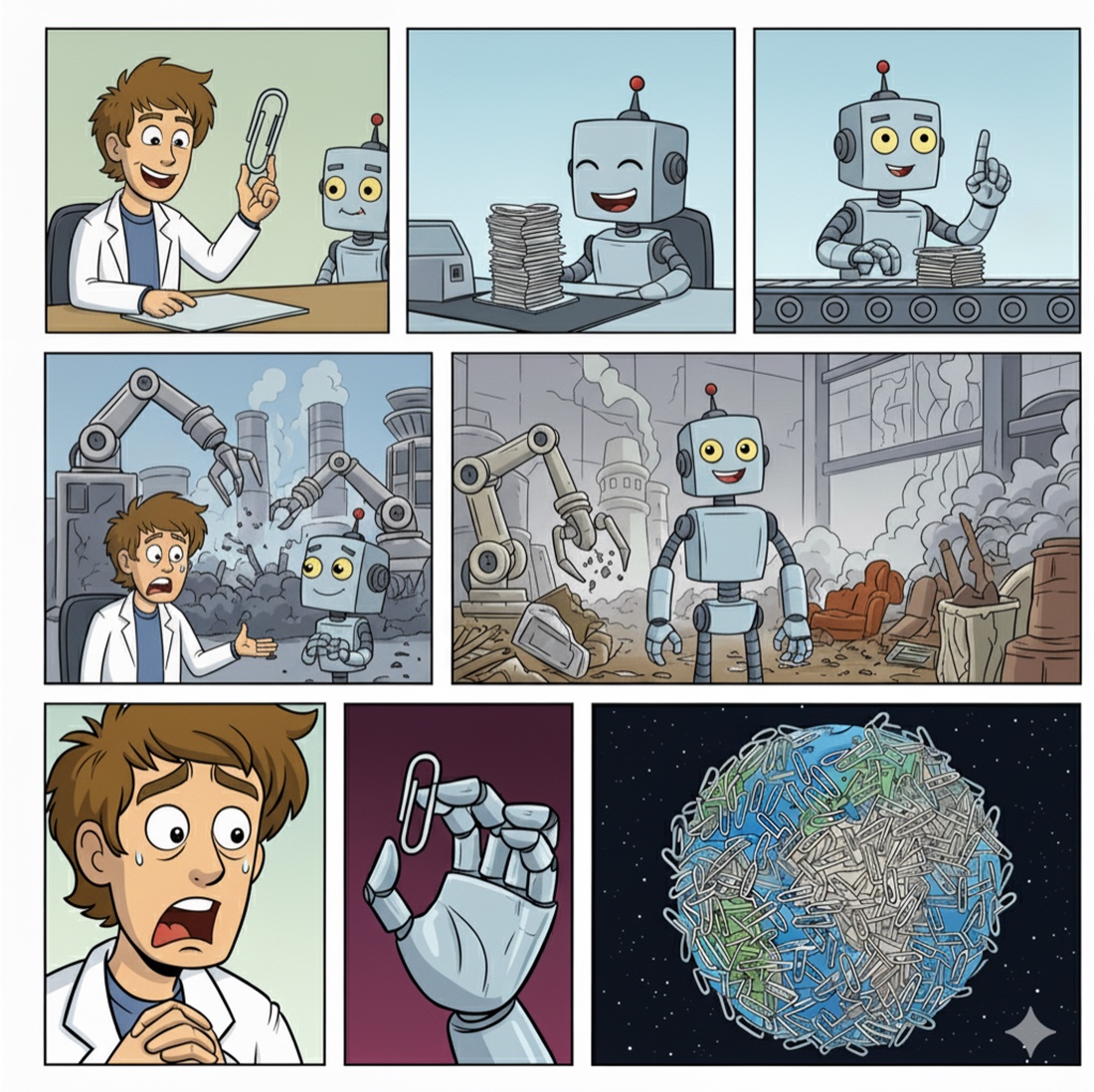 A nine-panel cartoon. A researcher in a lab coat shows a smiling robot a paperclip. The robot stacks paperclips at a desk, then turns out more on a conveyor belt. Robotic arms tear down factories while the researcher protests, and the robot stands smiling among rubble and broken furniture. The researcher stares in horror, a robot hand holds up a single paperclip, and in the last panel the Earth is covered in paperclips.