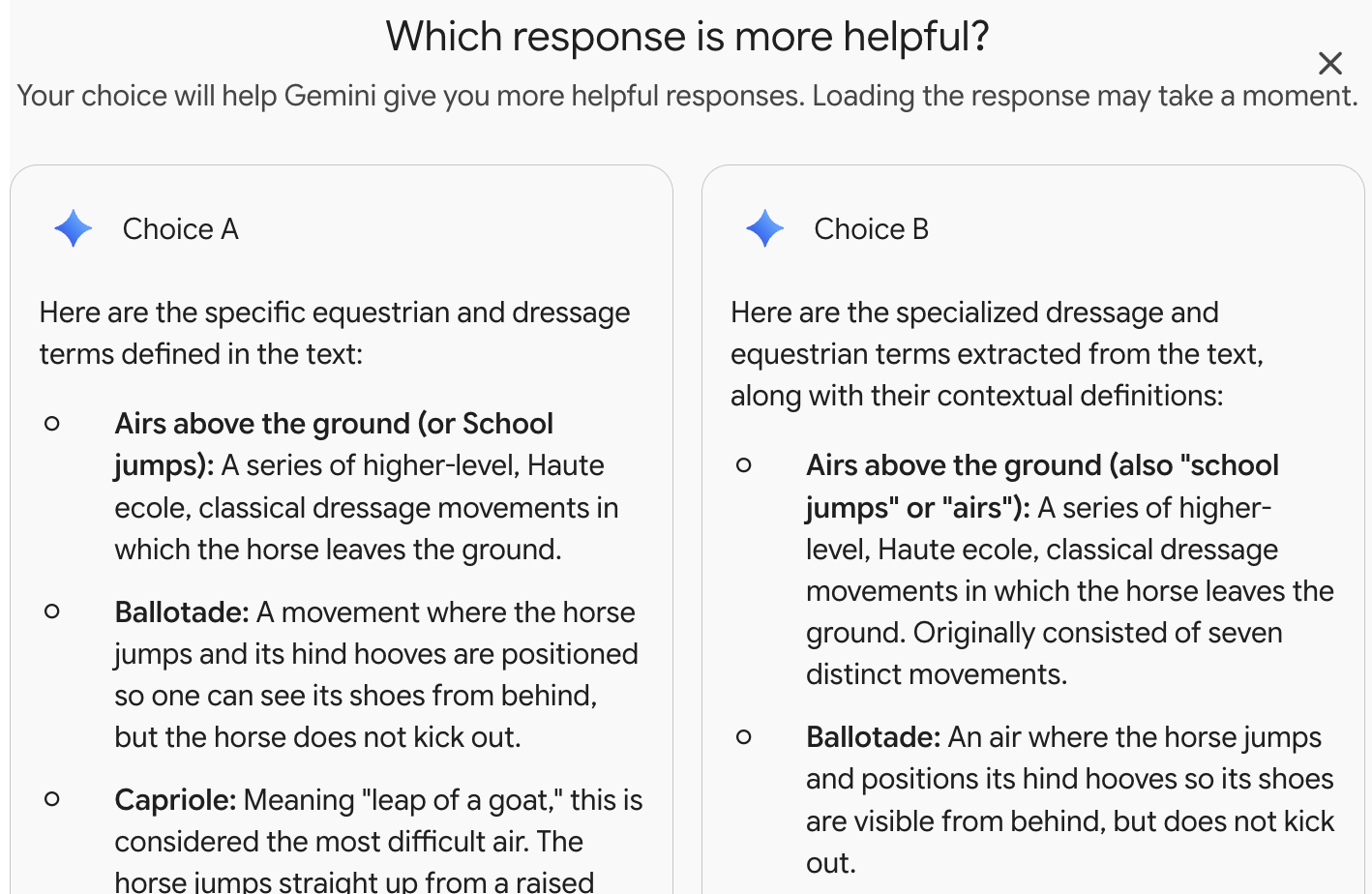 A panel from Gemini titled 'Which response is more helpful?', with the line 'Your choice will help Gemini give you more helpful responses.' Under it, two answers to the same request side by side, labelled Choice A and Choice B.