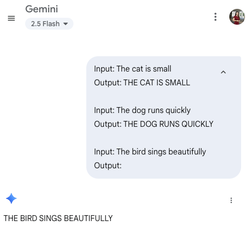 A conversation in Gemini 2.5 Flash. The prompt reads: Input: The cat is small. Output: THE CAT IS SMALL. Input: The dog runs quickly. Output: THE DOG RUNS QUICKLY. Input: The bird sings beautifully. Output: (left empty). Gemini answers: THE BIRD SINGS BEAUTIFULLY.