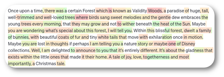 Text generated in OpenAI's Playground at temperature 1, each token shaded by its probability: fluent but less predictable story about a forest called Validity Woods, a paradise of well-trimmed trees, which turns into a Christmas tale.