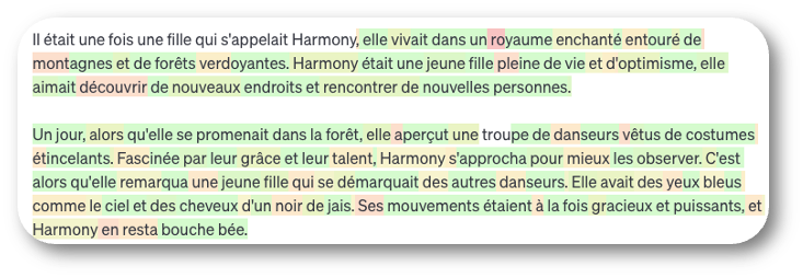 Texte généré dans le Playground d'OpenAI à une température de 1, chaque jeton étant coloré selon sa probabilité : une histoire fluide mais moins prévisible sur une fille nommée Harmony, qui vit dans un royaume enchanté et découvre une troupe de danseurs.