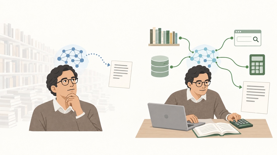 Two panels in the same illustrated style. On the left, a person sits thinking, one hand at the chin, in front of a library of shelves and stacks that has been faded almost out of the picture; a small network of nodes floats above their head, and a dotted arrow runs from it to a page of text. On the right, the same person works at a desk with a laptop, an open book and a calculator; solid lines connect the network above their head to a shelf of books, a database, a search window and a calculator, and an arrow runs to a page of text.